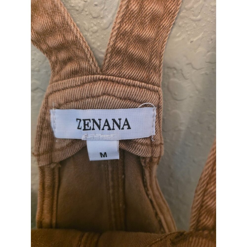 Zenana Washed Knot Strap Brown Cotton Blend Romper Shortalls M NEW Patch Pockets - Picture 2 of 9